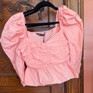 Zara Coral Pink Ruched Puff-Sleeve Peplum Blouse
